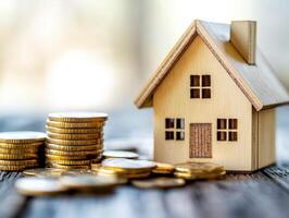 Wooden house model with coins symbolizing investment in property photo
