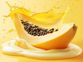 Fresh papaya splashing in cream against a bright yellow backdrop photo