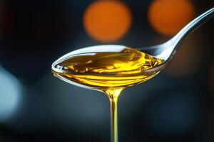 Honey drizzle on a silver spoon capturing golden textures photo