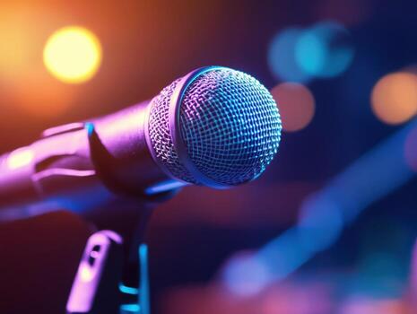 Close-up of a microphone at a lively performance venue photo