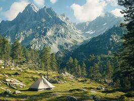 Camping in a serene mountain landscape with lush greenery photo