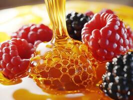 Fresh berries drizzled with golden honey create a delightful treat photo