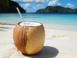 Refreshing coconut drink on a tropical beach in sunny weather photo