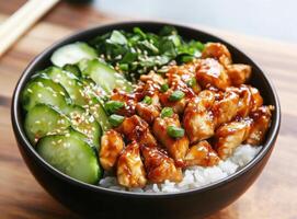 Delicious chicken bowl with rice and fresh vegetables photo