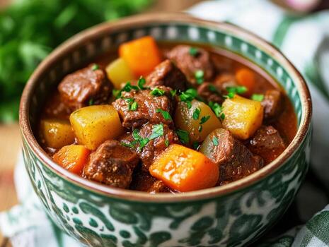 Delicious beef stew with vegetables in a rustic bowl photo