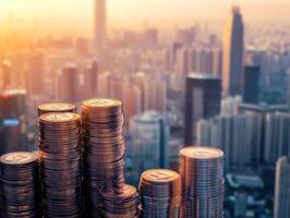 Coins stacked high with a city skyline at sunset photo