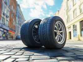 Tires resting on cobblestone street in sunny urban setting photo