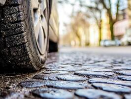 Close-up view of a tire on a cobblestone street in urban setting photo