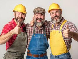 Three cheerful construction workers celebrating in bright hats photo