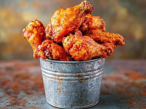 Crispy chicken wings served in a rustic metal bucket photo