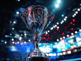 Shining trophy in an esports arena with vibrant lights photo