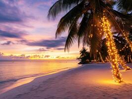 Beautiful sunset on a tropical beach with illuminated palm trees photo