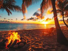 Beach bonfire during sunset with palm trees and ocean view photo