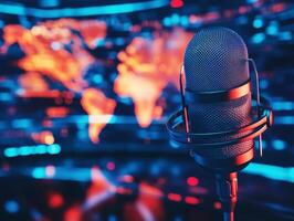 Vibrant microphone setup against a colorful global background photo