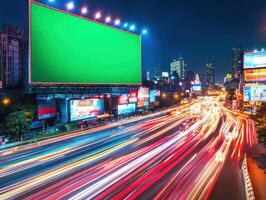 Bright city streets at night with light trails and blank billboard photo