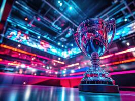 Brightly lit trophy showcased in esports arena before competition photo