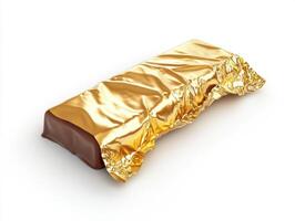 Chocolate bar wrapped in shiny golden foil on a white background photo