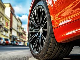Close-up view of a stylish wheel on a vibrant red car in the city photo