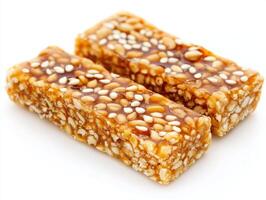 Sesame candy bars with a golden caramel coating on a white background photo