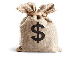 Burlap sack filled with money tied at the top with string photo