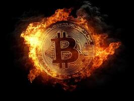 Bitcoin coin surrounded by flames in a striking display photo
