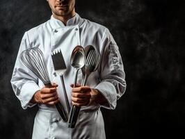 Professional chef showcasing cooking utensils in a dark setting photo