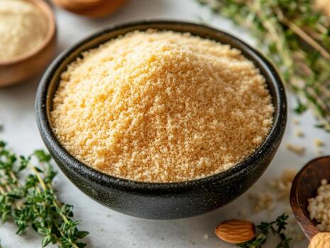 Culinary preparation shows semolina flour in a rustic bowl photo
