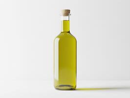 Glass bottle filled with green oil on a light background photo