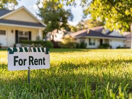 Rental property sign displayed in a quiet neighborhood setting photo