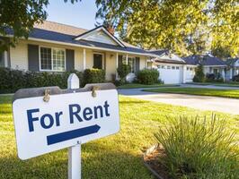 Housing opportunity with for rent sign in suburban neighborhood photo