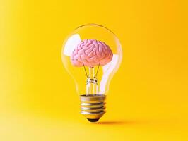 Light bulb with a brain inside on a bright yellow background photo