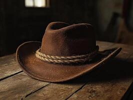 Rustic cowboy hat resting on a weathered wooden table photo
