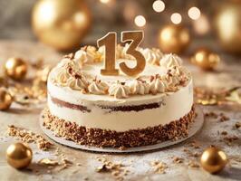 Birthday cake for a 13-year-old with golden decorations photo