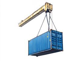Crane lifting a blue shipping container at a loading dock photo