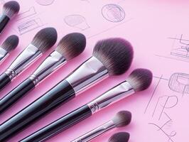 Makeup brushes arranged on pink background with sketches nearby photo