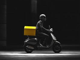 Delivery rider on scooter with yellow box in urban setting photo