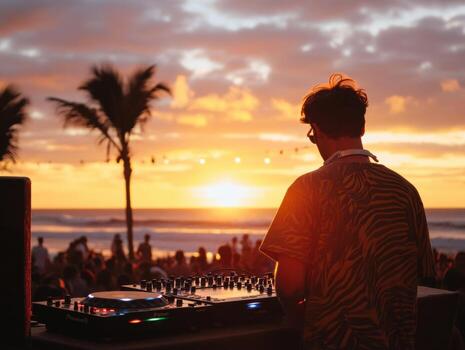 Sunset beach party with DJ performing in tropical setting photo