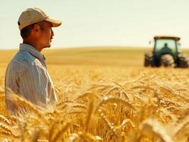 Farmer observing wheat field during sunny day with tractor nearby photo