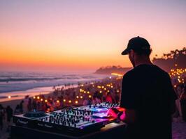 Sunset beach party with DJ playing music during summer evening photo
