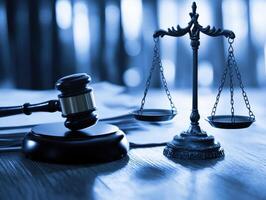 Legal symbols of gavel and scales in court setting photo