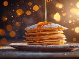 Delicious stack of pancakes with honey drizzle and warm glow photo