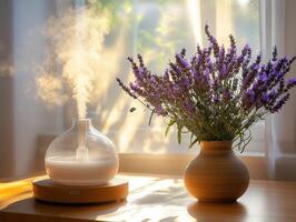 Lavender bouquet and essential oil diffuser in sunny interior setting photo