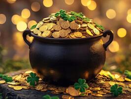 Golden treasure pot surrounded by clovers and shimmering lights photo