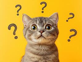 Curious cat with expressive eyes on vibrant yellow background photo