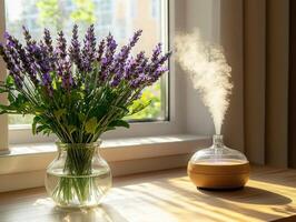 Lavender bouquet and essential oil diffuser in bright room photo