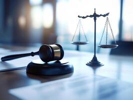Justice symbolized with gavel and scales on a courtroom table setting photo