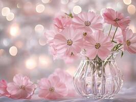 Delicate pink flowers in a clear vase on a soft background photo