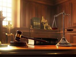 Courtroom setting with gavel and scales of justice on desk photo