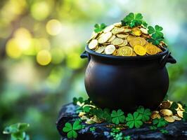 Green clovers surround a pot overflowing with gold coins outdoors photo