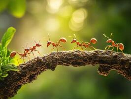 Ants marching along a branch in a lush green environment photo